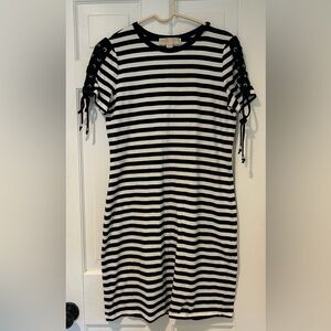 Michael Kors Black and White Striped Mini Dress. Length is 38”